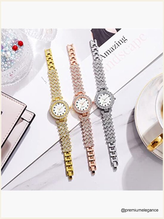 Luxury Diamond Dial Quartz Wrist Watch Set with Bangle Bracelet
